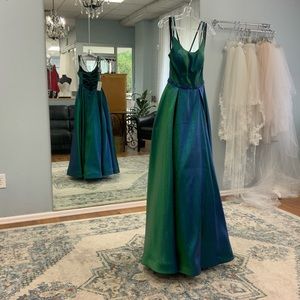 Madison James 20-346 Peacock blue prom dress